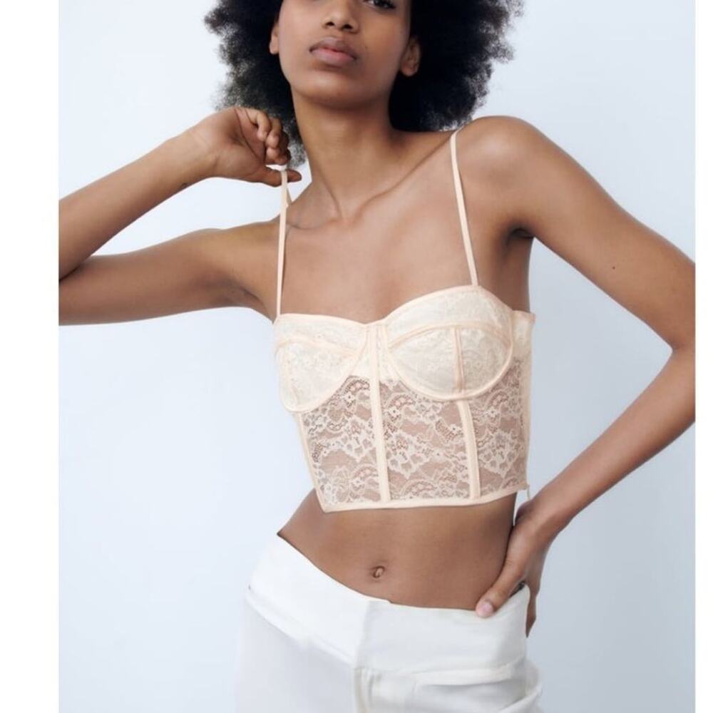 Zara Woman Ecru Combination Corset Style Top Size S Side Zip